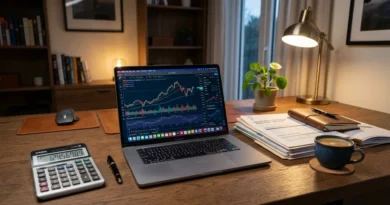 Professional desk with financial charts on laptop and calculator for small business accounting