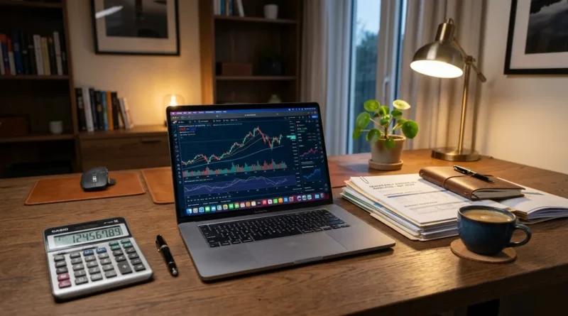 Professional desk with financial charts on laptop and calculator for small business accounting