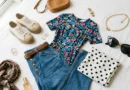Flat lay of classic aesthetic outfit pieces including polka dot fabric, high-waisted jeans, and vintage pearl necklace
