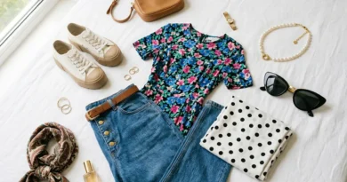 Flat lay of classic aesthetic outfit pieces including polka dot fabric, high-waisted jeans, and vintage pearl necklace