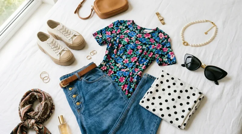 Flat lay of classic aesthetic outfit pieces including polka dot fabric, high-waisted jeans, and vintage pearl necklace