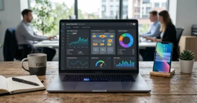 Clicky analytics dashboard on a laptop screen showing real-time visitor data, heatmaps, and traffic charts