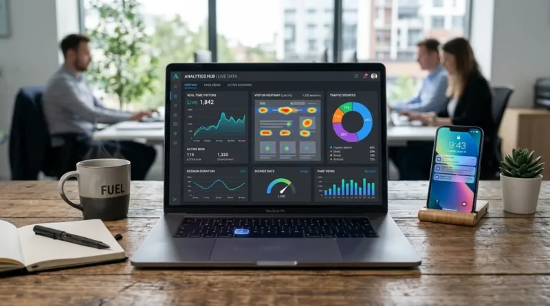 Clicky analytics dashboard on a laptop screen showing real-time visitor data, heatmaps, and traffic charts