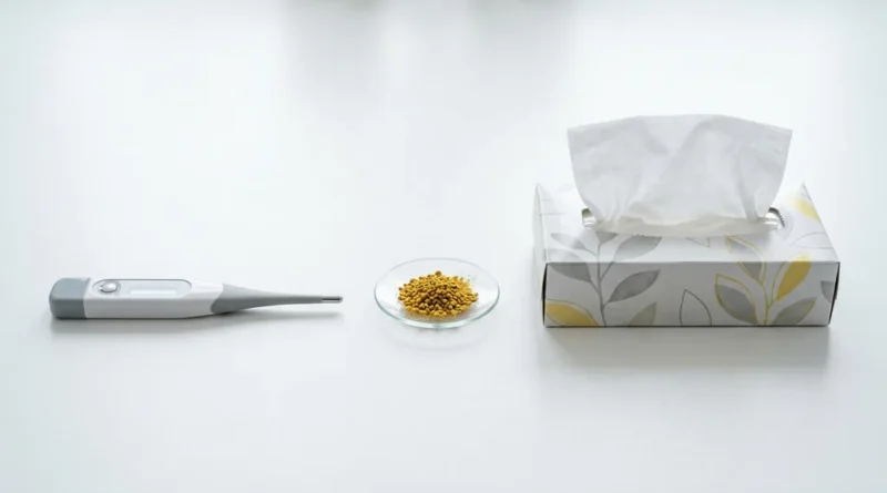 Comparison of COVID-19, cold, and allergy symptoms illustrated with a thermometer, pollen, and tissues