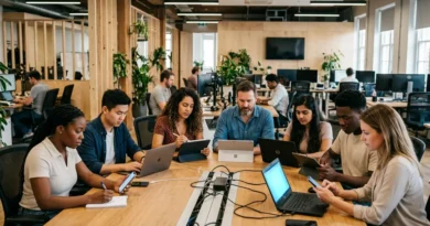 Diverse group of real users testing digital products on various devices during a crowd testing session