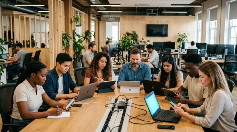 Diverse group of real users testing digital products on various devices during a crowd testing session