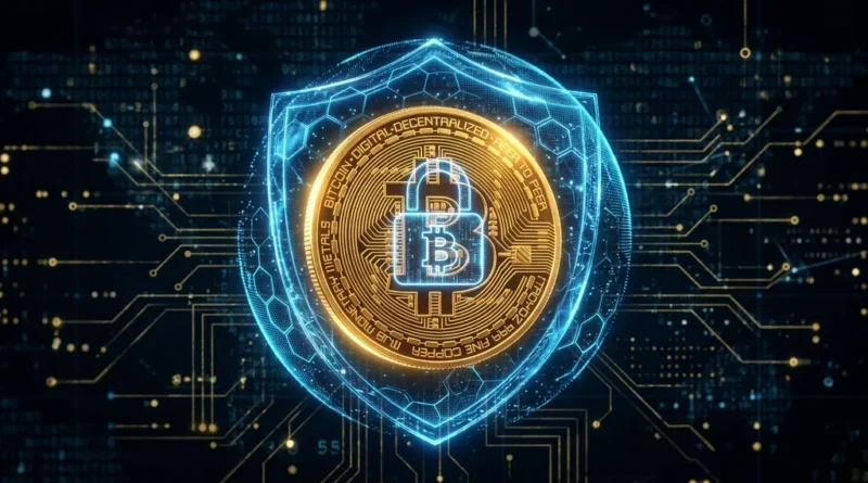 Bitcoin coin protected by digital shield and padlock symbolizing cryptocurrency security