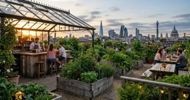 The Culpeper Rooftop London — urban garden with raised beds, bar seating, and views of the Aldgate skyline