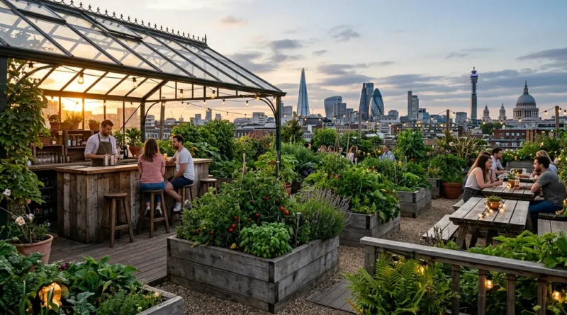 The Culpeper Rooftop London — urban garden with raised beds, bar seating, and views of the Aldgate skyline