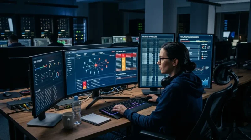 Cybersecurity professional monitoring network security dashboards, representing cybersecurity basics learning