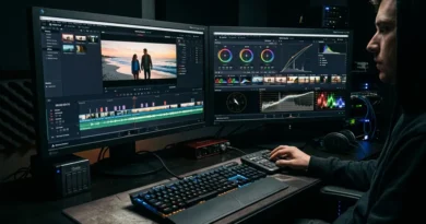 DaVinci Resolve color grading interface on dual monitors showing timeline, color wheels, and scopes in a dark studio setup