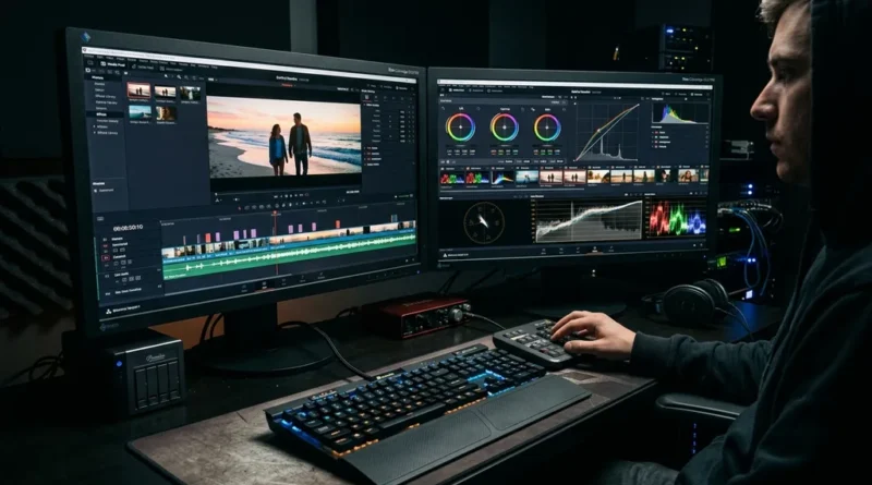DaVinci Resolve color grading interface on dual monitors showing timeline, color wheels, and scopes in a dark studio setup