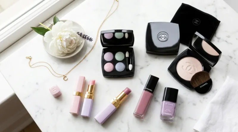 Delices Pastel De Chanel makeup flat lay with eyeshadow palette, illuminating powder, and lip products on white marble
