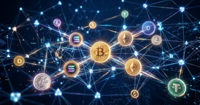 Glowing blockchain network with Bitcoin and cryptocurrency symbols connected by data streams in dark blue digital space