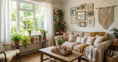 Cozy living room with DIY home decor including gallery wall, macrame wall hanging, and painted terracotta plant pots