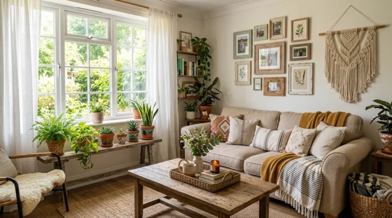 Cozy living room with DIY home decor including gallery wall, macrame wall hanging, and painted terracotta plant pots