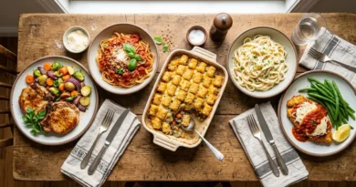 Five easy lunch recipe dishes on a wooden table including pork chops, pasta, casserole, vegan Alfredo, and chicken Milanese