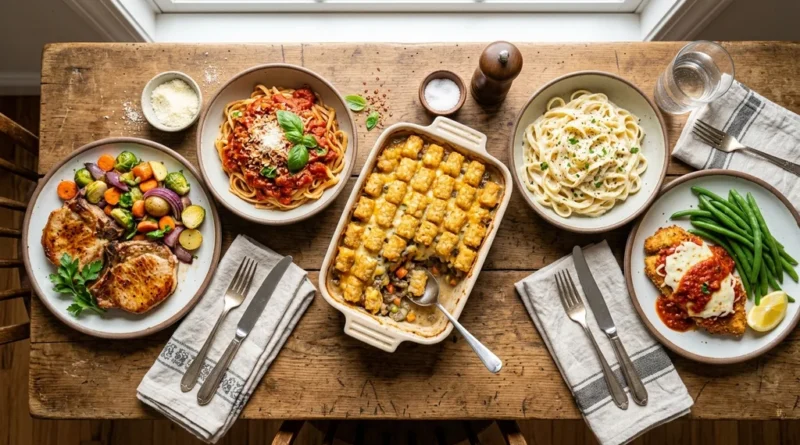 Five easy lunch recipe dishes on a wooden table including pork chops, pasta, casserole, vegan Alfredo, and chicken Milanese