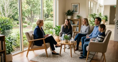 Family therapy session in a rehabilitation facility with a therapist and family members seated in a circle