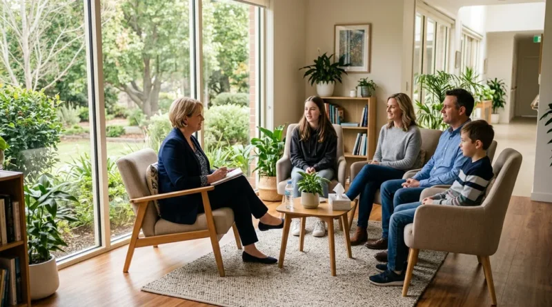 Family therapy session in a rehabilitation facility with a therapist and family members seated in a circle