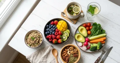 Colorful healthy food flat lay with fruits, vegetables, nuts, whole grains and herbal tea on white table