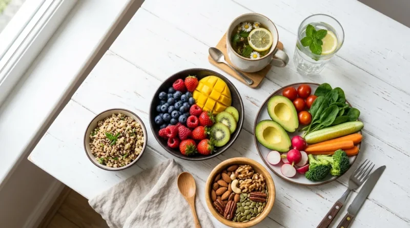 Colorful healthy food flat lay with fruits, vegetables, nuts, whole grains and herbal tea on white table