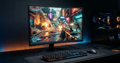 Gaming monitor with vibrant display showing a fast-paced game on a dark gaming desk setup