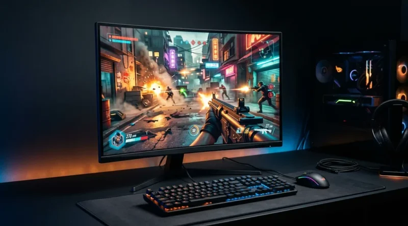 Gaming monitor with vibrant display showing a fast-paced game on a dark gaming desk setup