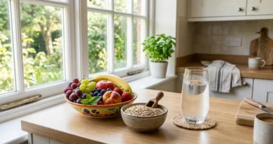 Fresh fruits and whole grains on a kitchen counter representing a healthy post-surgery diet