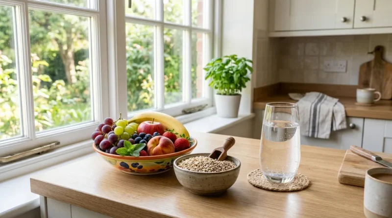 Fresh fruits and whole grains on a kitchen counter representing a healthy post-surgery diet