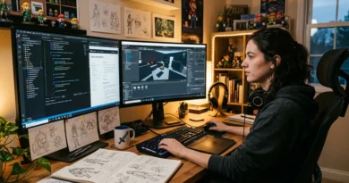 Young game designer working at a dual monitor setup with game development software on screen and concept art sketches on the desk in a warm creative workspace