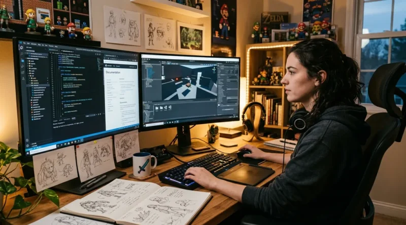 Young game designer working at a dual monitor setup with game development software on screen and concept art sketches on the desk in a warm creative workspace