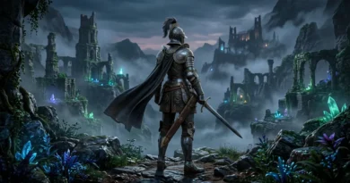 Fantasy warrior in 17th-century armor standing on a misty magical island with ancient ruins and glowing plants in a cinematic RPG scene