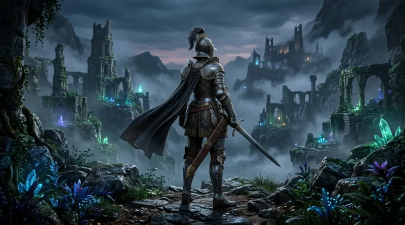 Fantasy warrior in 17th-century armor standing on a misty magical island with ancient ruins and glowing plants in a cinematic RPG scene