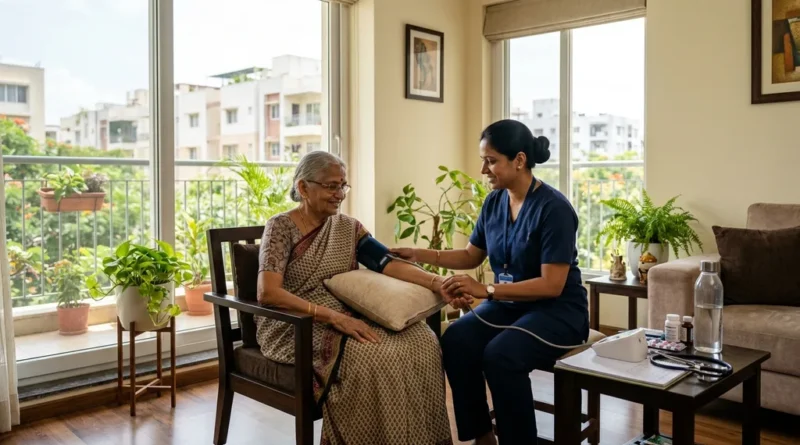 Professional nurse providing home nursing care to an elderly patient in Bangalore