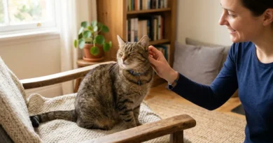 Happy domestic cat being cared for at home with gentle grooming and proper feeding setup