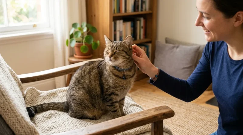 Happy domestic cat being cared for at home with gentle grooming and proper feeding setup