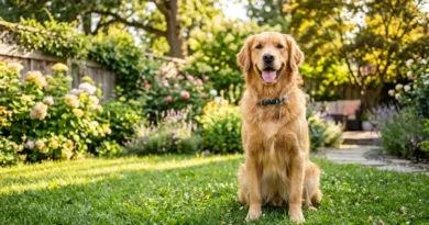 Golden retriever sitting attentively outdoors as part of responsible dog care training and exercise routine