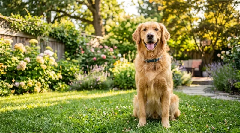 Golden retriever sitting attentively outdoors as part of responsible dog care training and exercise routine