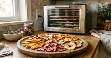 Dehydrated fruit slices including apple mango and strawberry on wooden tray with food dehydrator