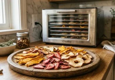 Dehydrated fruit slices including apple mango and strawberry on wooden tray with food dehydrator