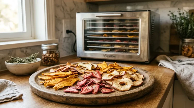 Dehydrated fruit slices including apple mango and strawberry on wooden tray with food dehydrator
