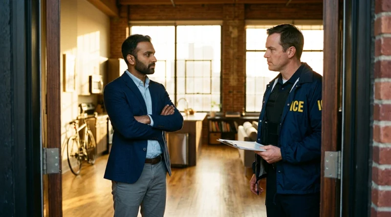 Person talking to an ICE enforcement agent, representing knowing your rights when ICE knocks