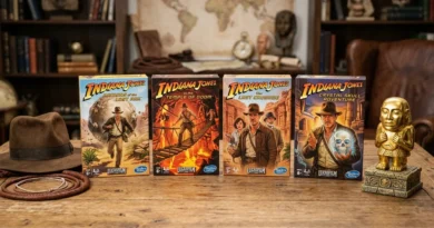 Indiana Jones board game boxes from Funko Games arranged on a wooden table with hat and golden idol props