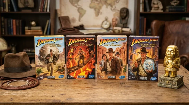 Indiana Jones board game boxes from Funko Games arranged on a wooden table with hat and golden idol props