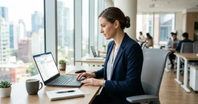 Business professional on a laptop accessing a webmail inbox in a bright modern office with natural light and a clean desk