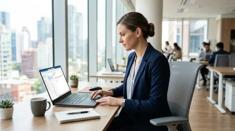 Business professional on a laptop accessing a webmail inbox in a bright modern office with natural light and a clean desk