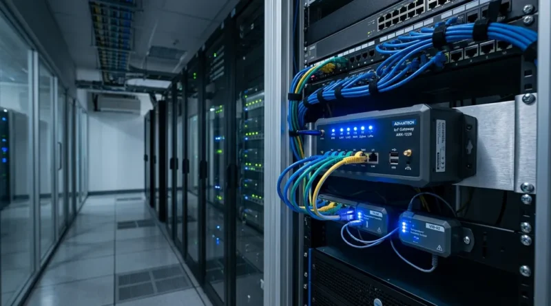 IoT gateway device with connected sensors and network cables in a server room
