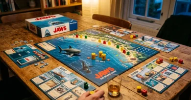 Jaws board game by Ravensburger displayed on a table with game board, shark miniature, and swimmer tokens