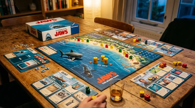 Jaws board game by Ravensburger displayed on a table with game board, shark miniature, and swimmer tokens